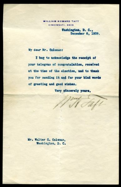 PRESIDENT WILLIAM HOWARD TAFT SIGNED 1908 TYPED LETTER
