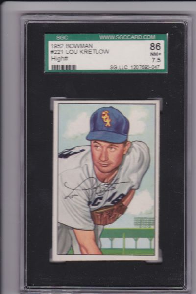 1952 BOWMAN #221 LOU KRETLOW HIGH CARD SGC 86