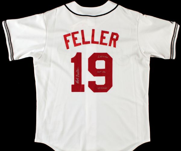 BOB FELLER SIGNED & 3X INSCRIBED CLEVELAND INDIANS STAT JERSEY