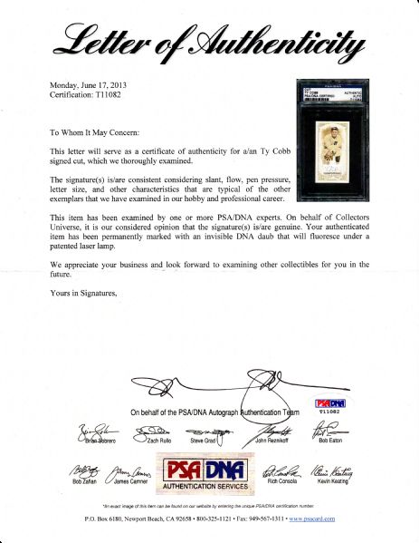 TY COBB SIGNED 2012 TOPPS ALLEN & GINTER CARD PSA/DNA LOA
