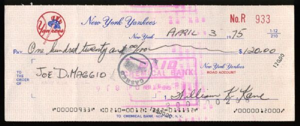 JOE DIMAGGIO NEW YORK YANKEES PAYROLL CHECK 1975