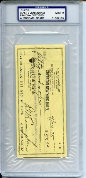 WALT CUNNINGHAM APOLLO 7 ASTRONAUT SIGNED CHECK PSA/DNA MINT 9