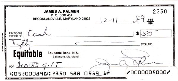 JIM PALMER SIGNED PERSONAL CHECK-BOY SCOUTS