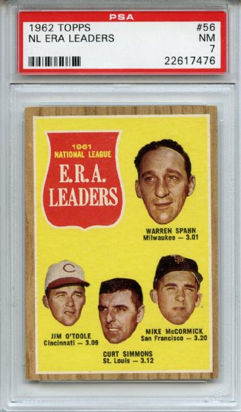 1962 TOPPS #56 NL ERA LEADERS WARREN SPAHN PSA 7