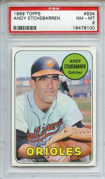 1969 TOPPS #634 ANDY ETCHEBARREN PSA 8