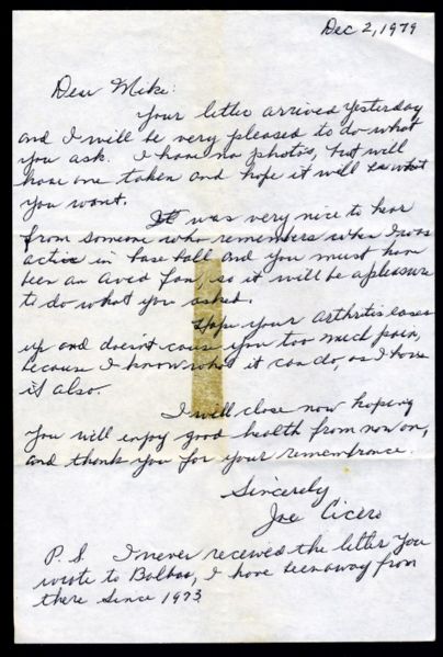 JOE CICERO SIGNED LETTER- BOSTON RED SOX 1929