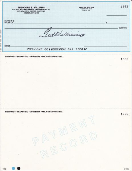 TED WILLIAMS FAMILY ENTERPRISES UNUSED CHECK