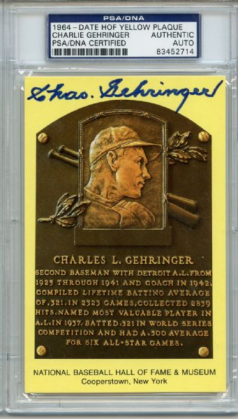 1964 HOF PLAQUE CHARLIE GEHRINGER PSA/DNA