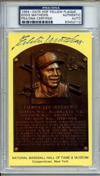 1964 HOF PLAQUE POSTCARD EDDIE MATHEWS PSA/DNA