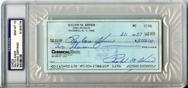 RALPH KINER SIGNED CHECK PSA/DNA GEM MINT 10