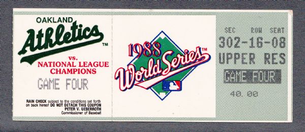 1988 WORLD SERIES GAME 4 TICKET OAKLAND A'S VS LA DODGERS