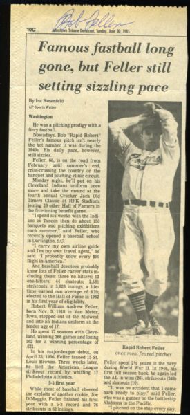 BOB FELLER SIGNED NEWSPAPER PHOTO CLIPPING