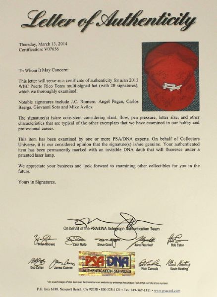 2013 PUERTO RICO WBC TEAM SIGNED OFFICIAL STYLE CAP PSA/DNA LOA