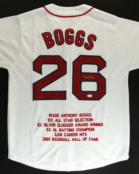 WADE BOGGS SIGNED RED SOX STAT JERSEY JSA