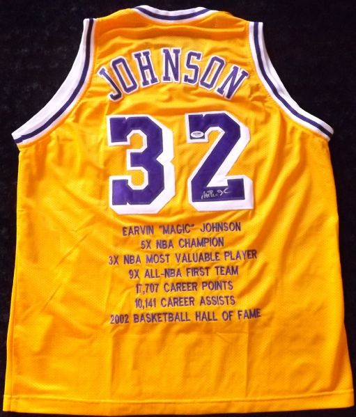 MAGIC JOHNSON SIGNED LAKERS STAT JERSEY PSA/DNA