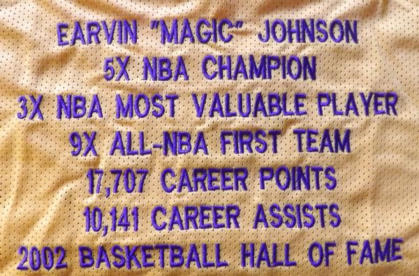 MAGIC JOHNSON SIGNED LAKERS STAT JERSEY PSA/DNA