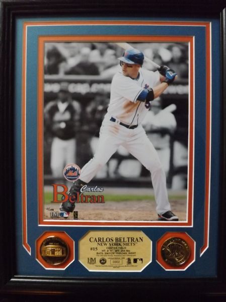 CARLOS BELTRAN HIGHLAND MINT L.E. 8X10 PHOTO W/ 24K GOLD COINS FRAMED