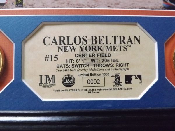 CARLOS BELTRAN HIGHLAND MINT L.E. 8X10 PHOTO W/ 24K GOLD COINS FRAMED