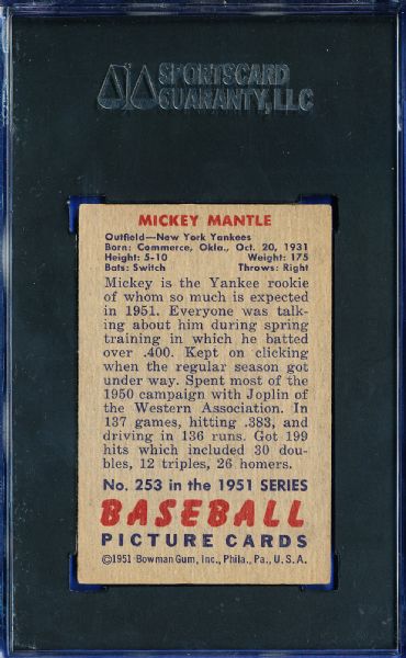 1951 BOWMAN #253 MICKEY MANTLE ROOKIE SGC 55