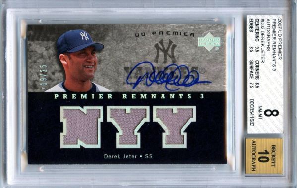 2007 UPPER DECK PREMIER REMNANTS 3 DJ2 DEREK JETER GEM MINT 10 SIGNATURE JERSEY 19/25 BECKETT