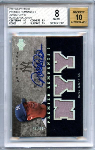 2007 UPPER DECK PREMIER REMNANTS 3 DJ2 DEREK JETER GEM MINT 10 SIGNATURE JERSEY 19/25 BECKETT