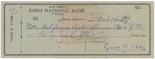 1948 TY COBB HAND SIGNED PERSONAL CHECK