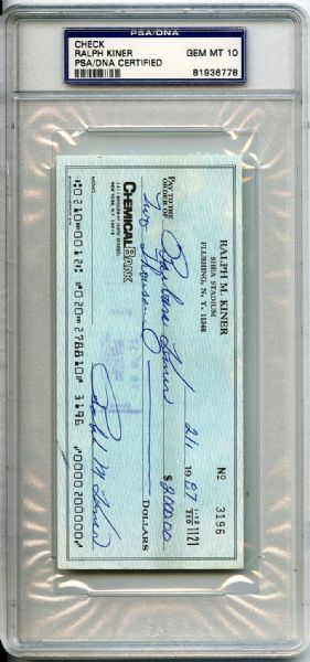 RALPH KINER SIGNED CHECK PSA/DNA GEM MINT 10