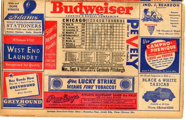 1945 ST. LOUIS CARDINALS V CHICAGO CUBS SCORECARDS LOT OF 2