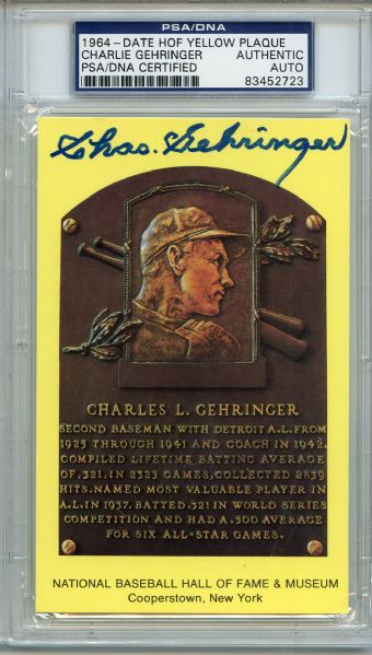 1964 HOF POSTCARD YELLOW SIGNED CHARLIE GEHRINGER PSA/DNA