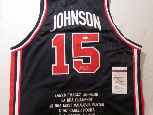 MAGIC JOHNSON SIGNED USA STAT JERSEY JSA WITNESSED 