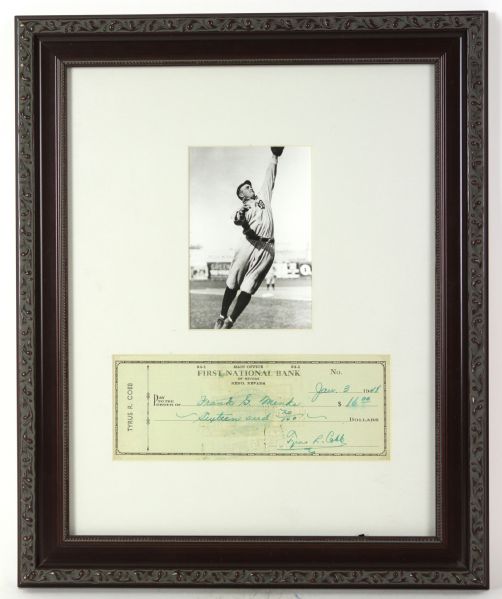 1948 TY COBB 13 X 17 FRAMED DISPLAY W/ SIGNED PERSONAL CHECK JSA