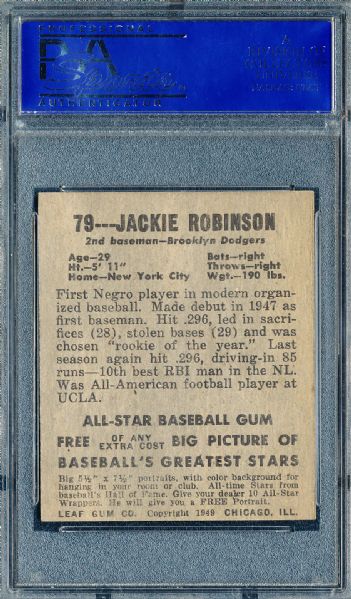 1948 LEAF #79 JACKIE ROBINSON ROOKIE PSA 7 (mc)