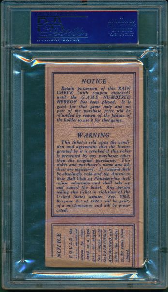 1931 WORLD SERIES TICKET STUB & RAIN CHECK A'S - CARDS! PSA
