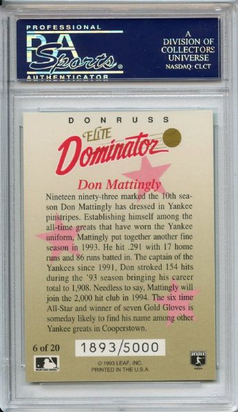 1993 DONRUSS ELITE DOMINATOR #6 DON MATTINGLY SIGNED PSA/DNA 8