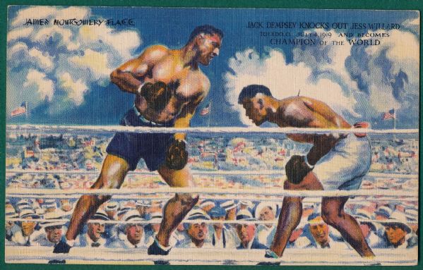 VINTAGE JACK DEMPSEY VS JESS WILLARD POST CARD DEMPSEY RESTAURANT 