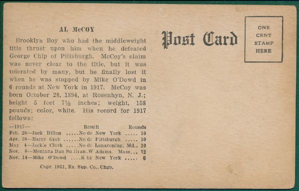 1921 EXHIBIT AL MCCOY POST CARD BOXING