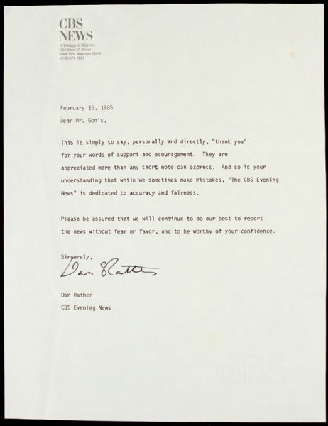 1985 DAN RATHER CBS EVENING NEWS ANCHOR SIGNED LETTER JSA