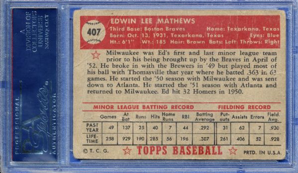 1952 TOPPS #407 EDDIE MATHEWS RC HIGH CARD PSA