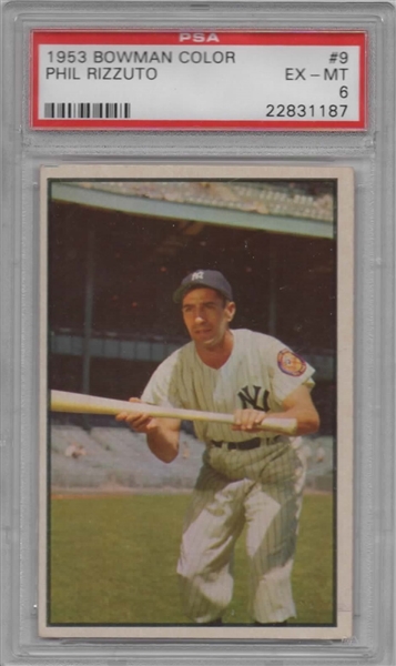 1953 BOWMAN COLOR #9 PHIL RIZZUTO HALL OF FAME! PSA 6
