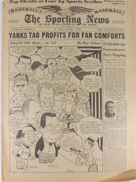 1953 1/7/53 THE SPORTING NEWS NEWSPAPER YANKS TAB PROFITS
