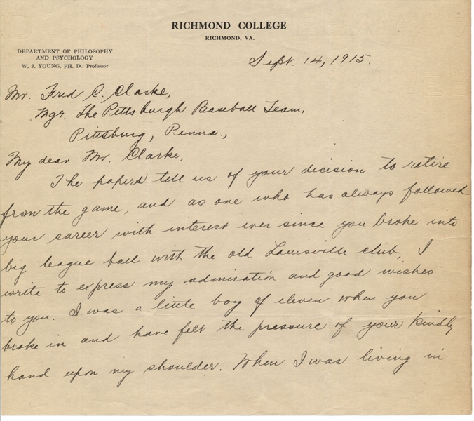 1915 FRED C. CLARKE 2 PAGE RETIREMENT RESPONSE LETTER FROM RICHMOND COLLEGE 