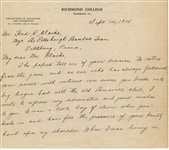 1915 FRED C. CLARKE 2 PAGE RETIREMENT RESPONSE LETTER FROM RICHMOND COLLEGE 