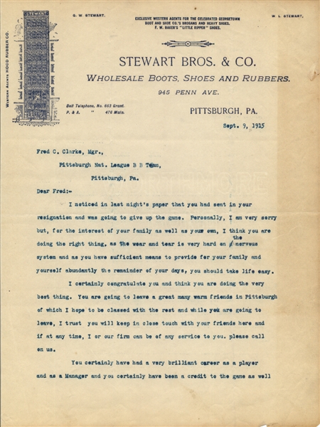 1915 FRED C. CLARKE RETIREMENT 2 PAGE RESPONSE LETTER STEWART BROS. & CO.