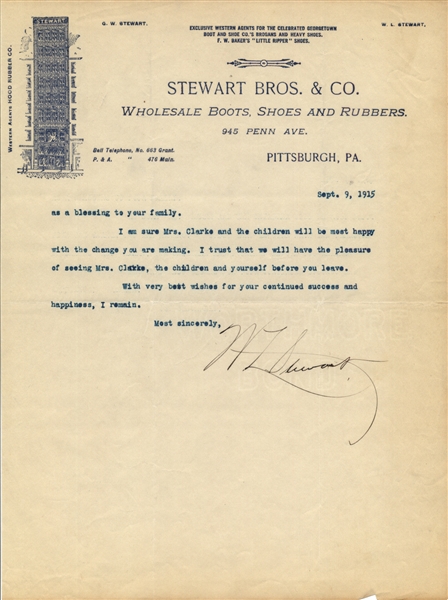 1915 FRED C. CLARKE RETIREMENT 2 PAGE RESPONSE LETTER STEWART BROS. & CO.