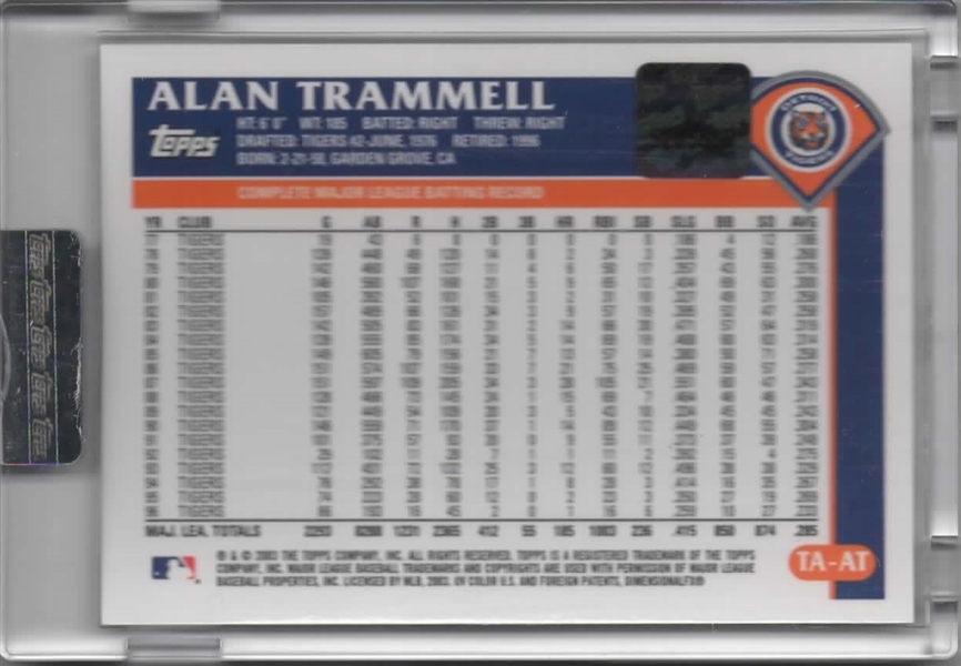 2003 TOPPS RETIRED AUTOS #TA-AT ALAN TRAMMELL FACTORY SEALED & CERTIFIED