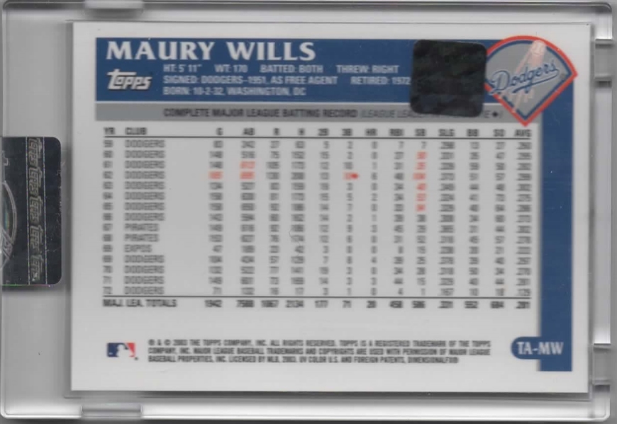 2003 TOPPS RETIRED AUTOS #TA-MW MAURY WILLS FACTORY SEALED & CERTIFIED