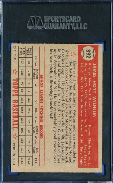 1952 TOPPS #392 HOYT WILHELM ROOKIE MINT 9 SGC 96! ONLY ONE, NONE HIGHER BY SGC!