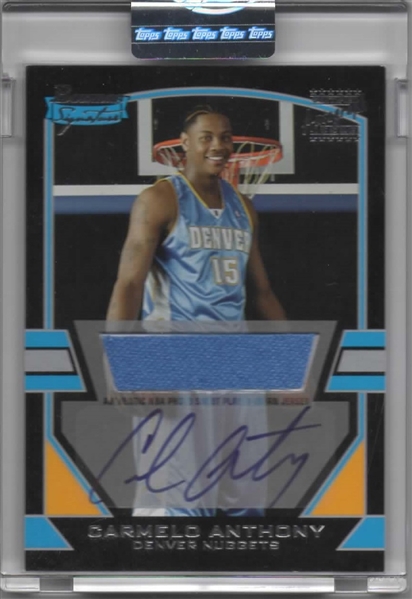 --2003-04 CARMELO ANTHONY BOWMAN SIGNATURE AUTO, PLAYER-WORN JERSEY, RC # 654/1170