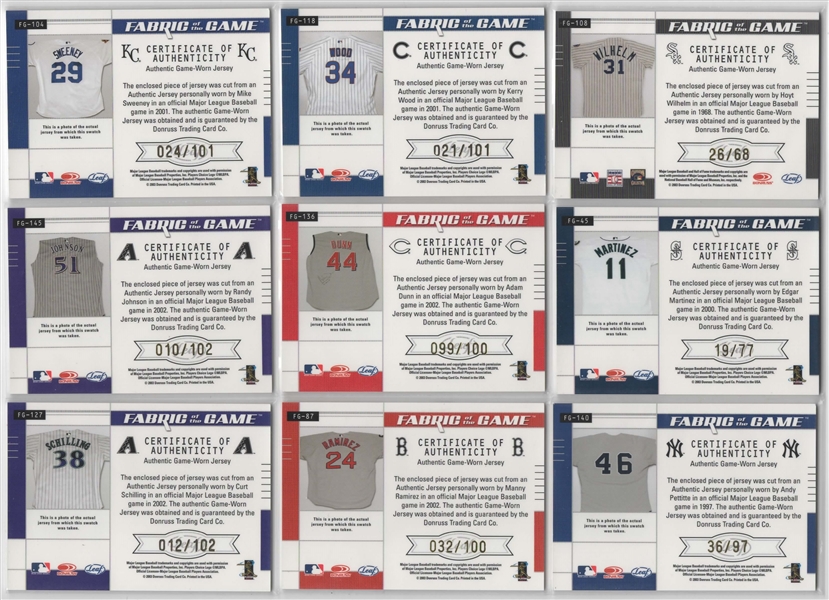 2003 LEAF CERTIFIED FABRIC OF THE GAME GAME USED LOT OF 17 W/ HALL OF FAMERS!