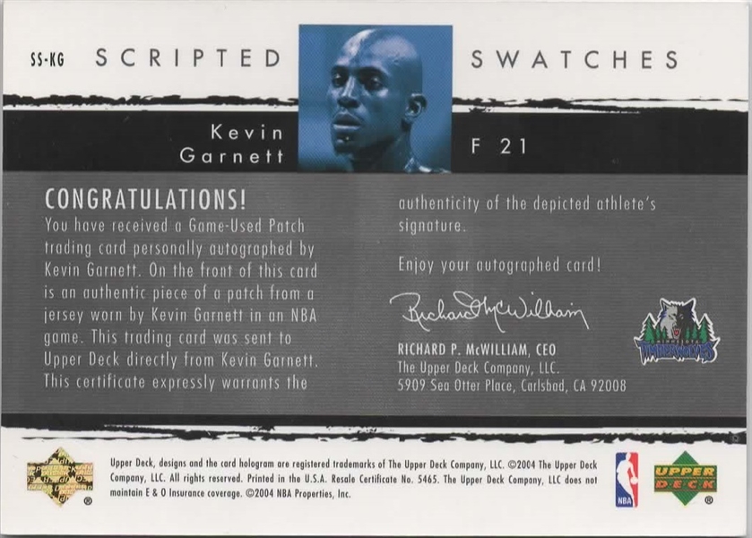 2003-04 UD EXQUISITE COLLECTION SCRIPTED SWATCHES KEVIN GARNETT /25